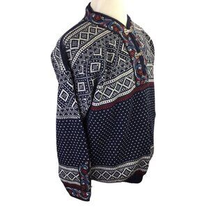 Volund Sweater Nordic Fair Isle Metal Clasp Buttons Size L Norway Lambswool Navy